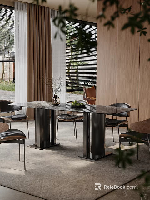 Modern Restaurant Interior With Marble Dining Table Metal Legs Black Chairs And Plants 3d model 