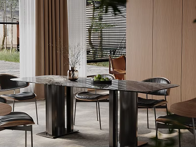 Modern Restaurant Interior With Marble Dining Table Metal Legs Black Chairs And Plants 3d model