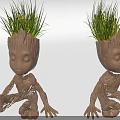 Groot Inspired Hand Carved Sculpture in Sitting Posture with Green Grass on Head