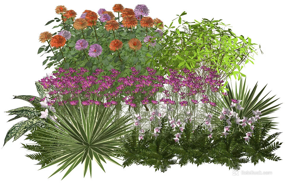 Colorful Plant Combination with Flowering Plants Ferns and Green Foliage for Garden Landscaping 3d model 