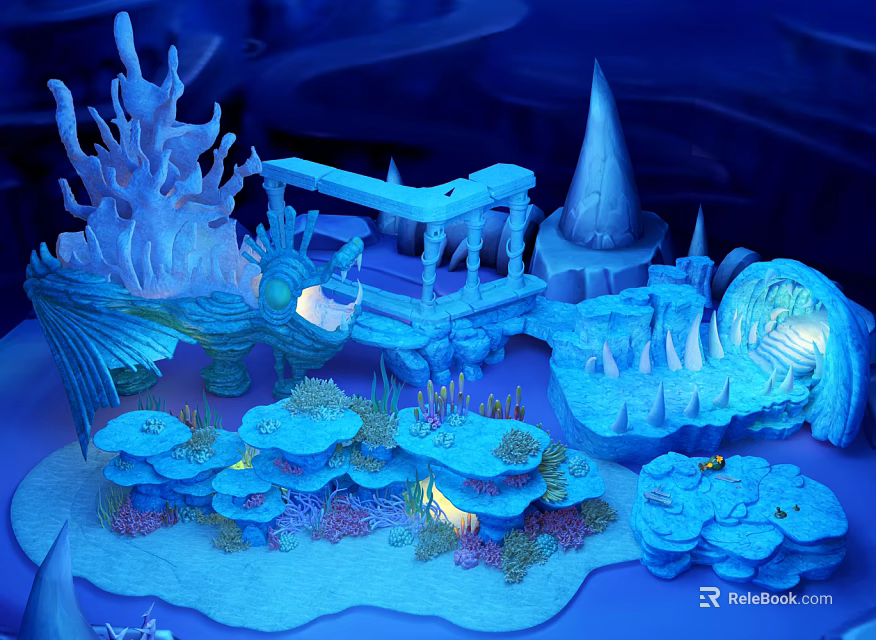 Cartoon Underwater Scene With Ice Crystal Structures Fish Decor And Glowing Coral Platforms 3d model