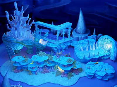 Cartoon Underwater Scene With Ice Crystal Structures Fish Decor And Glowing Coral Platforms 3d model
