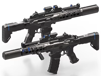 Modern Tactical Weapons with Black Finish Blue Accents and Rifle Design 3d model