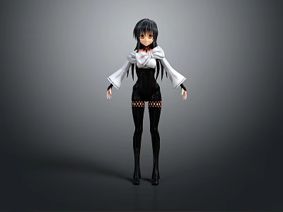 3D Anime Game Character With Black Long Hair White Top And Leg Straps 3d model