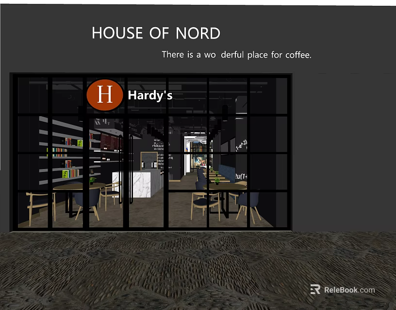 Handy's Café Cozy Modern Exterior With Glass Doors Tables And Bookshelves 3d model 
