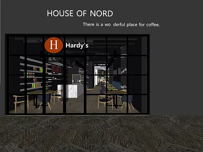 Handy's Café Cozy Modern Exterior With Glass Doors Tables And Bookshelves 3d model