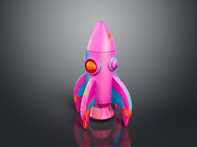 Pink Toy Rocket Model With Red Eyes And Blue Accents On Black Background 3d model