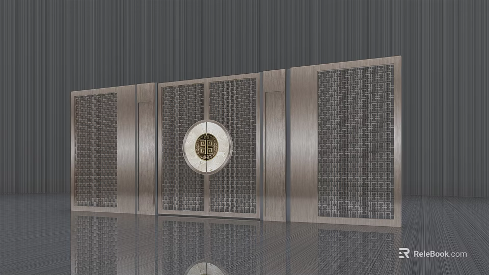 Modern Entrance Door With Metal Lattice Panels And Circular Central Motif 3d model 