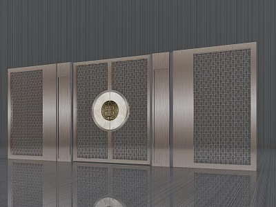 Modern Entrance Door With Metal Lattice Panels And Circular Central Motif 3d model