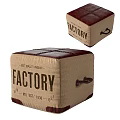 Vintage Leather and Burlap Ottoman with Factory Lettering and Metal Handle Decorative Design