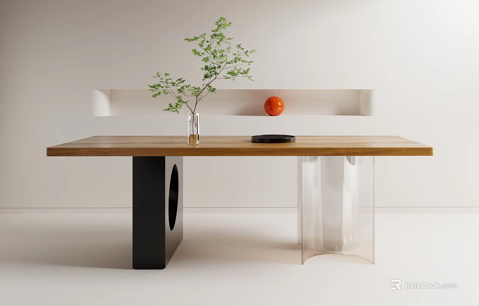 Wooden Dining Table with Black Cutout Clear Acrylic Legs Vase Plant Red Ball Wall Shelf 3d model 