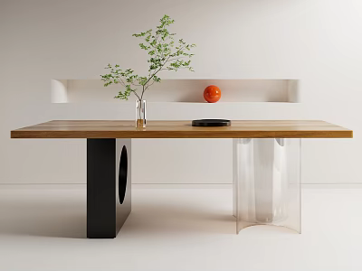 Wooden Dining Table with Black Cutout Clear Acrylic Legs Vase Plant Red Ball Wall Shelf 3d model