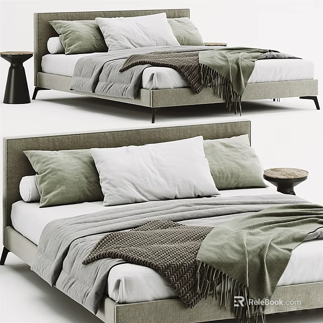 Modern Double Bed Interior Design With White Green Pillows And Cozy Blankets 3d model 