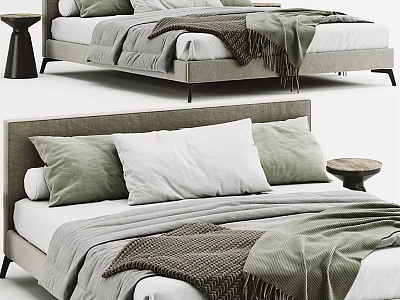Modern Double Bed Interior Design With White Green Pillows And Cozy Blankets 3d model