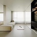 Modern Open Living Dining Area White Interior With Orange Chair Sofa Coffee Table TV Blinds