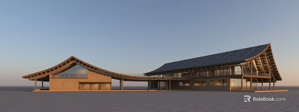 Modern Tourist Center Featuring Curved Roof Brick Structure Large Windows And Open Plaza 3d model 