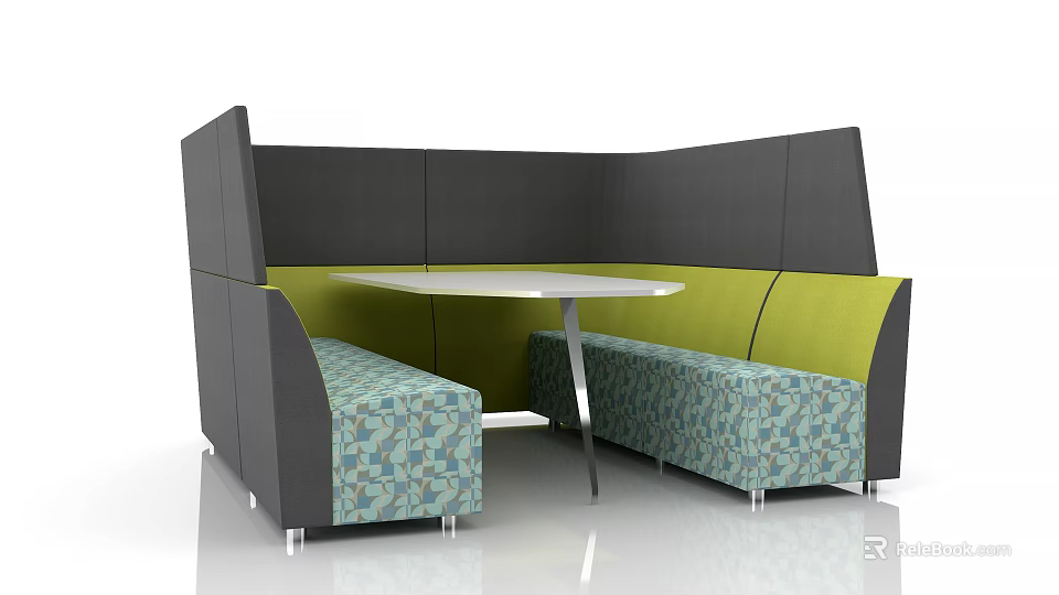 Modern Booth Sofa Set With Black Back Green Seats Patterned Upholstery And White Table 3d model