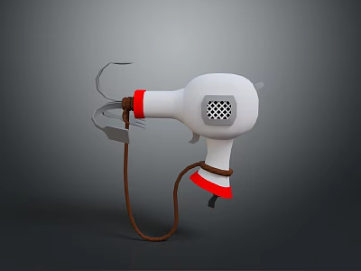 White Hair Dryer 3D Model With Red Accents Brown Cord And Simple Design 3d model