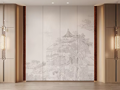 Elegant Chinese Style Background Wall With Landscape Painting Wooden Frame And Wall Lamps 3d model