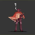 3D Purple Game Movie Character With Red Cape White Patterns Holding Weapon On White Base