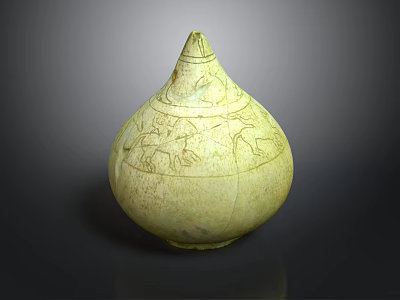 Gourd Shaped Yellowish Green Sculpture Carving With Intricate Decorative Patterns 3d model