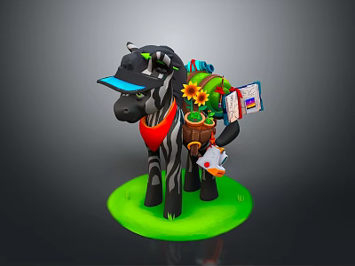 Cartoon Zebra In Blue Cap Red Scarf With Backpack Sunflower Book Letters On Green Grass 3d model