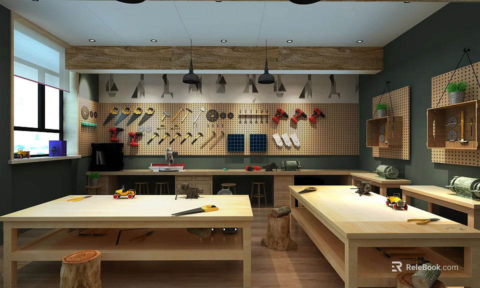 Kindergarten Craft Activity Room With Wooden Worktables Tool Wall And Pendant Lights 3d model 