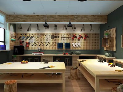 Kindergarten Craft Activity Room With Wooden Worktables Tool Wall And Pendant Lights 3d model