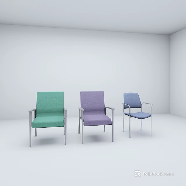 Three Colorful Armchairs with Green Purple Blue Upholstery and Metal Frames in White Room 3d model 