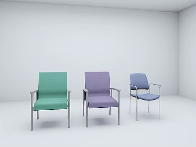 Three Colorful Armchairs with Green Purple Blue Upholstery and Metal Frames in White Room 3d model