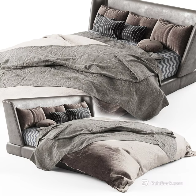Double Bed With Soft Gray Beige Duvet And Plush Pillows On Modern Headboard 3d model 