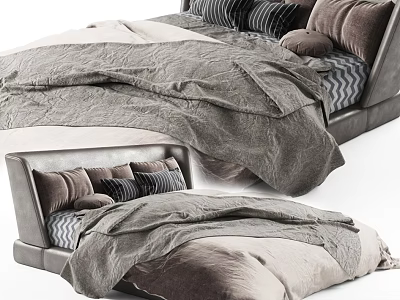 Double Bed With Soft Gray Beige Duvet And Plush Pillows On Modern Headboard 3d model