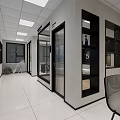 Modern Commercial Interior Space With Glass Partitions White Flooring And Display Shelves