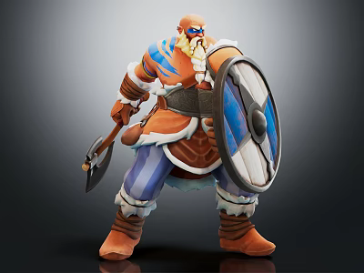 3D Viking Warrior Character with Blue Shield Axe Orange Armor and White Beard in Nordic Style Standing Pose 3d model