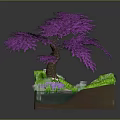 Decorative Miniature Landscape Scene With Purple Tree Small Pond Grass And Path