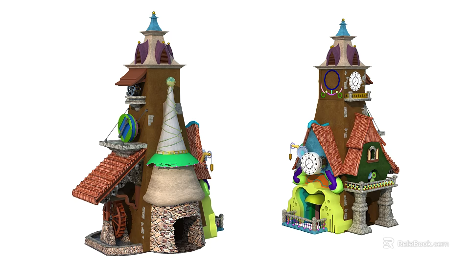 Cartoon Style Fairy Tale Houses With Colorful Roofs Tower Structures And Clock Details 3d model 
