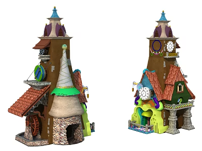 Cartoon Style Fairy Tale Houses With Colorful Roofs Tower Structures And Clock Details 3d model