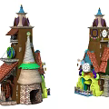 Cartoon Style Fairy Tale Houses With Colorful Roofs Tower Structures And Clock Details