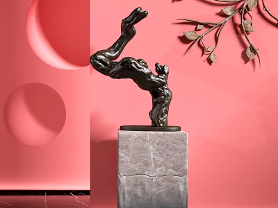 Modern Style Decorative Ornament Combination With Black Sculpture On Marble Base And Pink Background Wall Decorative Branches 3d model