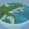 Circular Landscape Model With Green Grass Blue Water Buildings And Roads