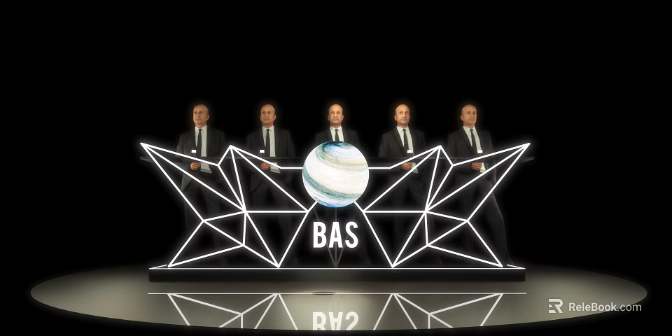 Modern Reception Desk with Five People in Suits Behind Geometric Light Design BAS Logo and Globe 3d model 