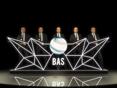 Modern Reception Desk with Five People in Suits Behind Geometric Light Design BAS Logo and Globe 3d model