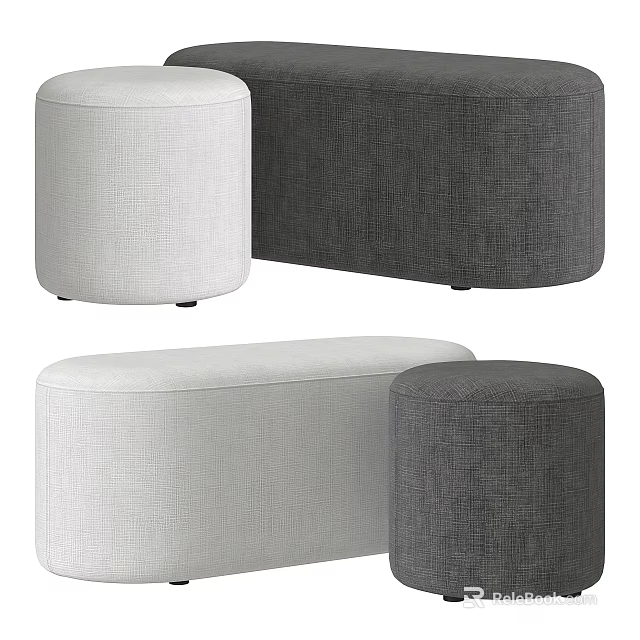 Modern Fabric Ottoman Collection With Gray And White Round Rectangular Designs 3d model