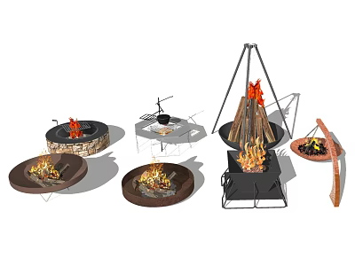 Garden Decor Fire Pits With Various Designs Burning Flames And Metal Stands 3d model