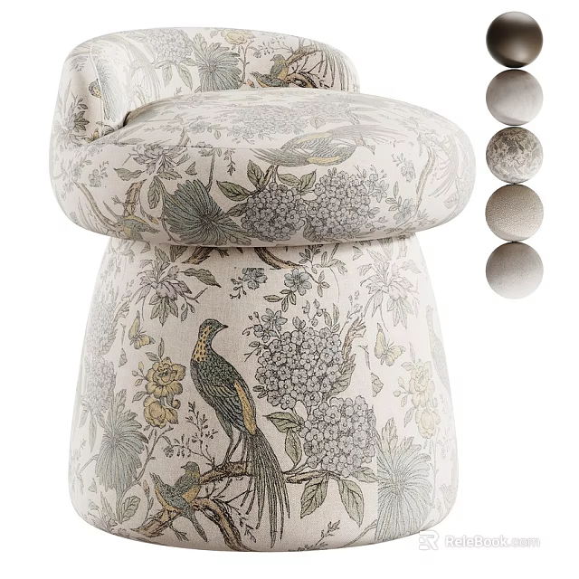 Elegant Upholstered Stool With Floral And Bird Pattern On Neutral Beige Fabric 3d model 