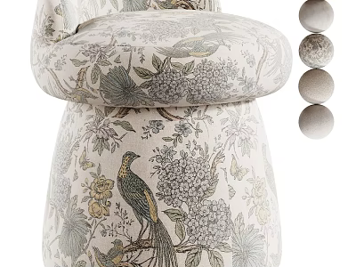 Elegant Upholstered Stool With Floral And Bird Pattern On Neutral Beige Fabric 3d model