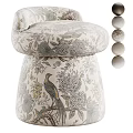 Elegant Upholstered Stool With Floral And Bird Pattern On Neutral Beige Fabric