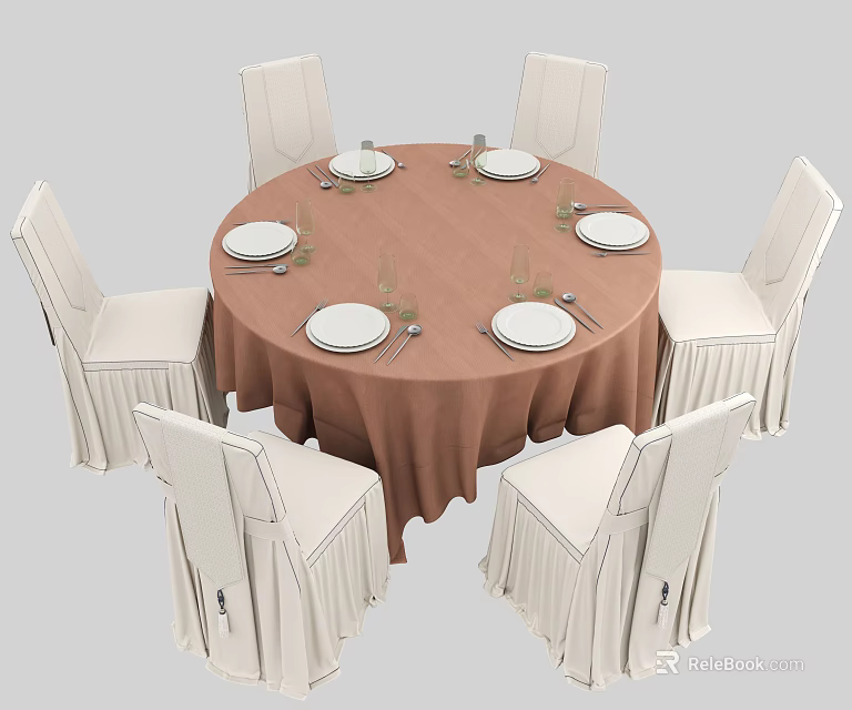Elegant Round Dining Table Set With Brown Tablecloth And Six White Chairs 3d model