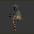 Ancient Warrior Helmet As Traditional Weapon With Metallic Leaf Patterns And Orange Cord