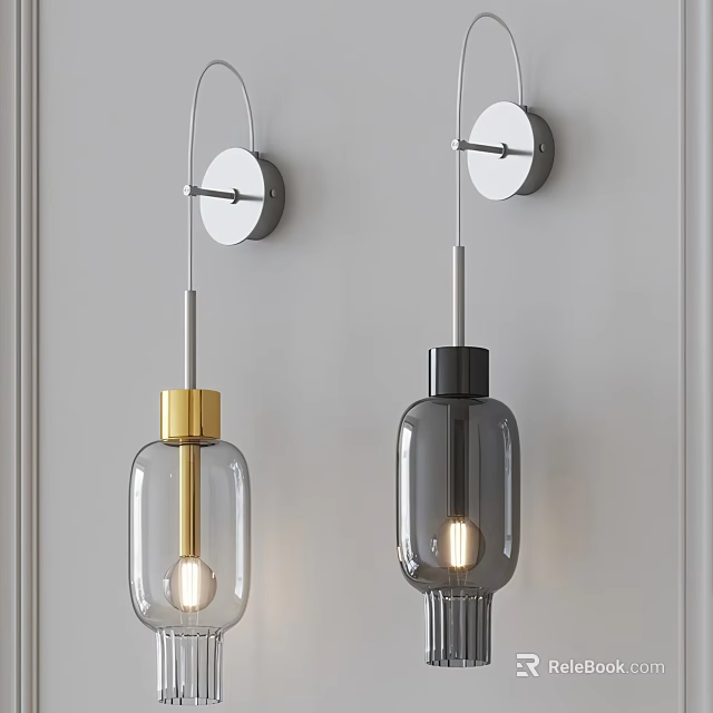 Modern Glass Wall Lamps with Gold and Black Metal Accents Illuminated on Gray Wall 3d model 